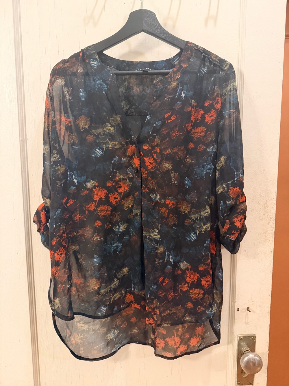 Como Black Sheer Floral Print Blouse - Black with Red & Blue Watercolours